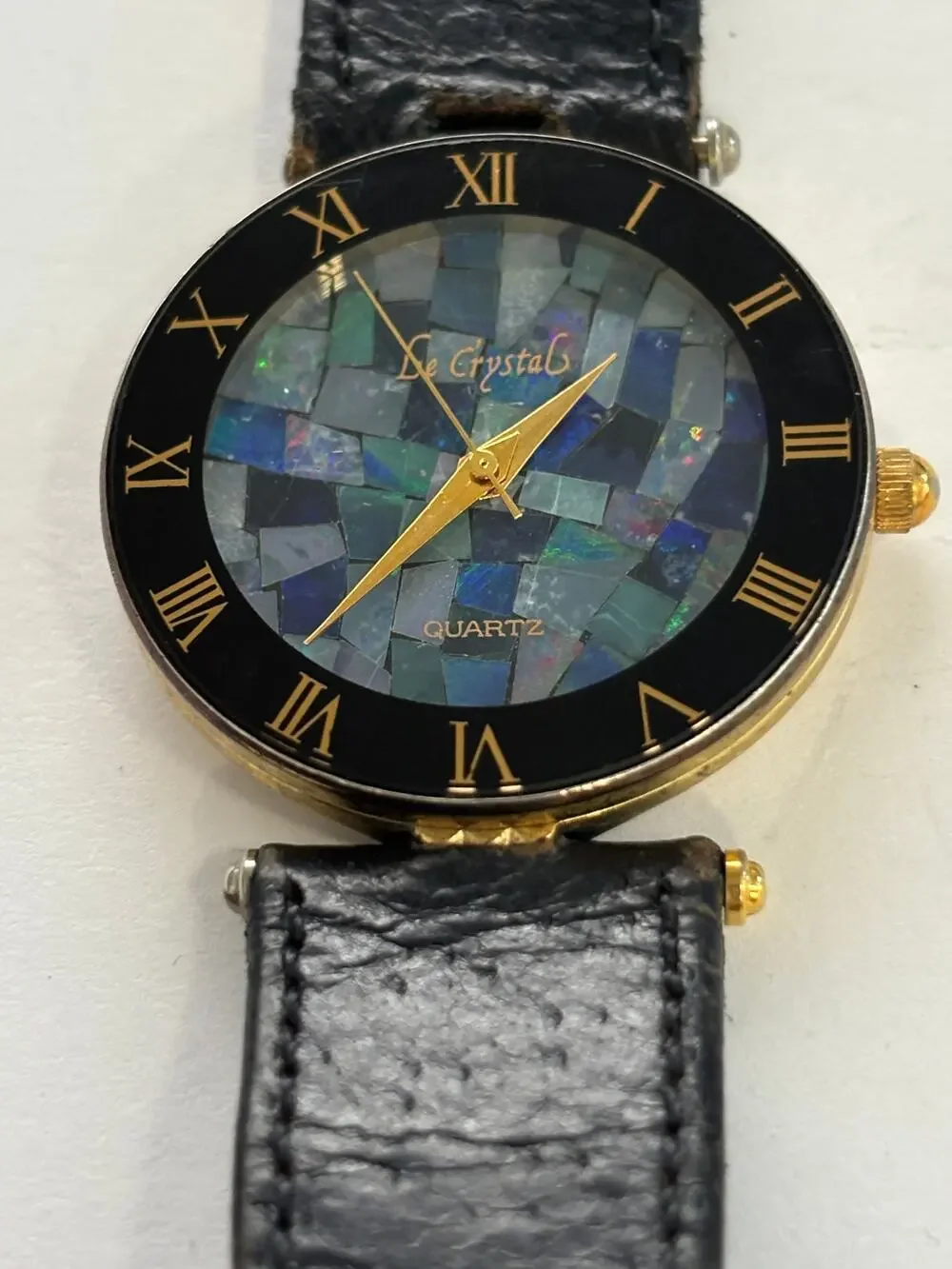 Vintage Gold Tone Watch Black Opal Mosaic Dial